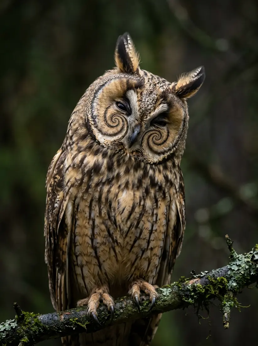 A long-eared owl with spirals for eyes