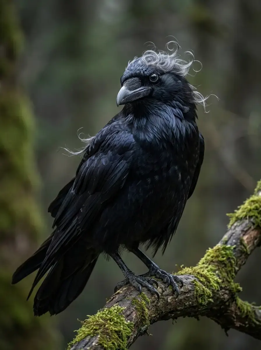 A raven on a mossy branch, its feathers lifting into pale threads