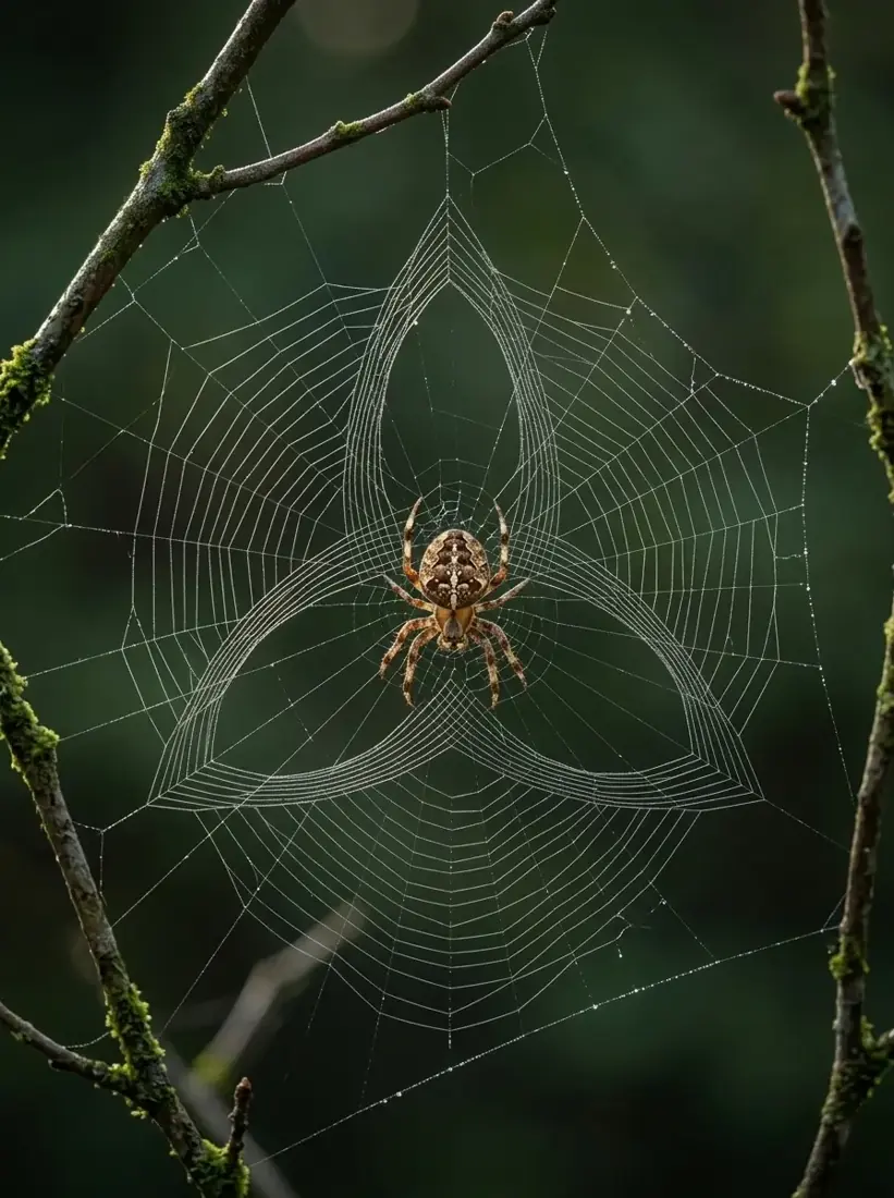 A spider at the centre of a web woven in the shape of three spirals