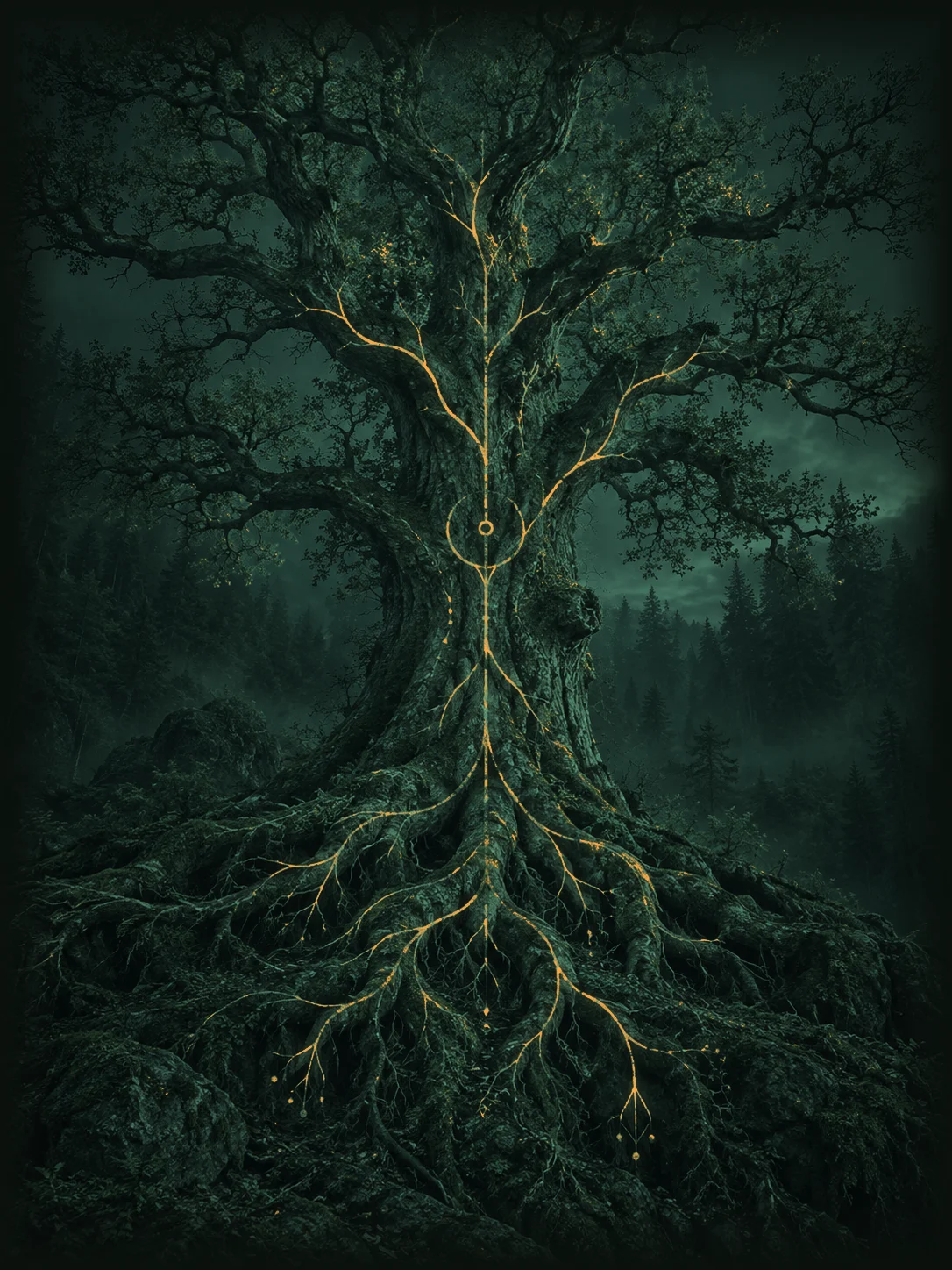 The world tree, its roots and branches mirroring each other, threads of ember light running through the trunk